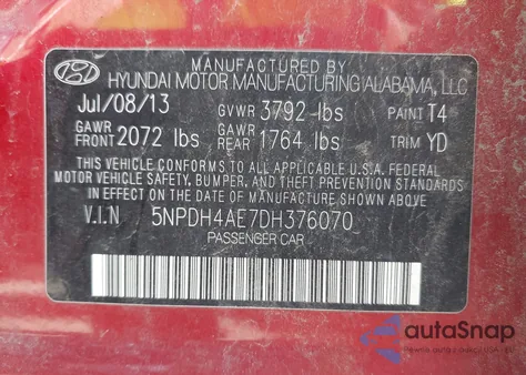 2013 Hyundai Elantra Gls from USA, damaged, VIN 5NPDH4AE7DH376070